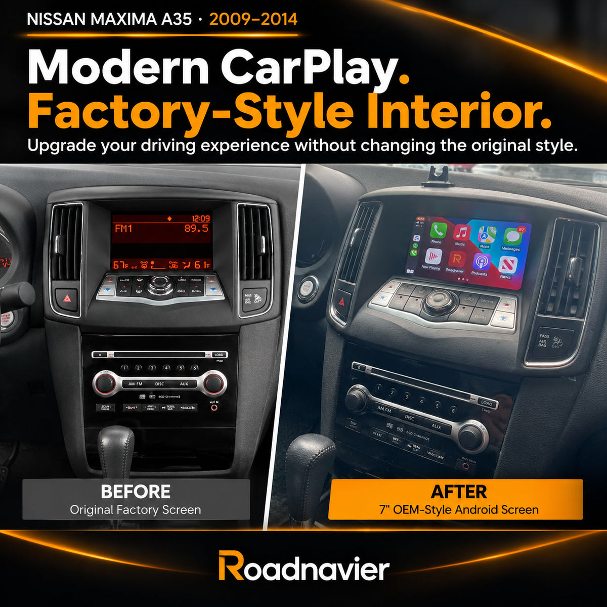 Nissan Maxima A35 2009-2014 factory screen before and after OEM-style CarPlay Android screen upgrade