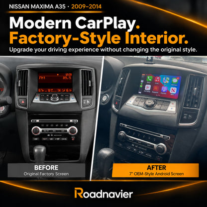 Nissan Maxima A35 2009-2014 factory screen before and after OEM-style CarPlay Android screen upgrade