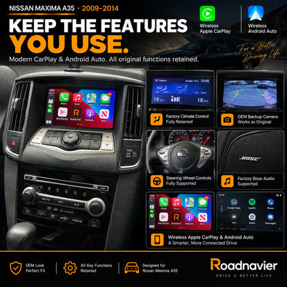 Nissan Maxima A35 2009-2014 Android screen retaining factory controls, audio and original vehicle functions