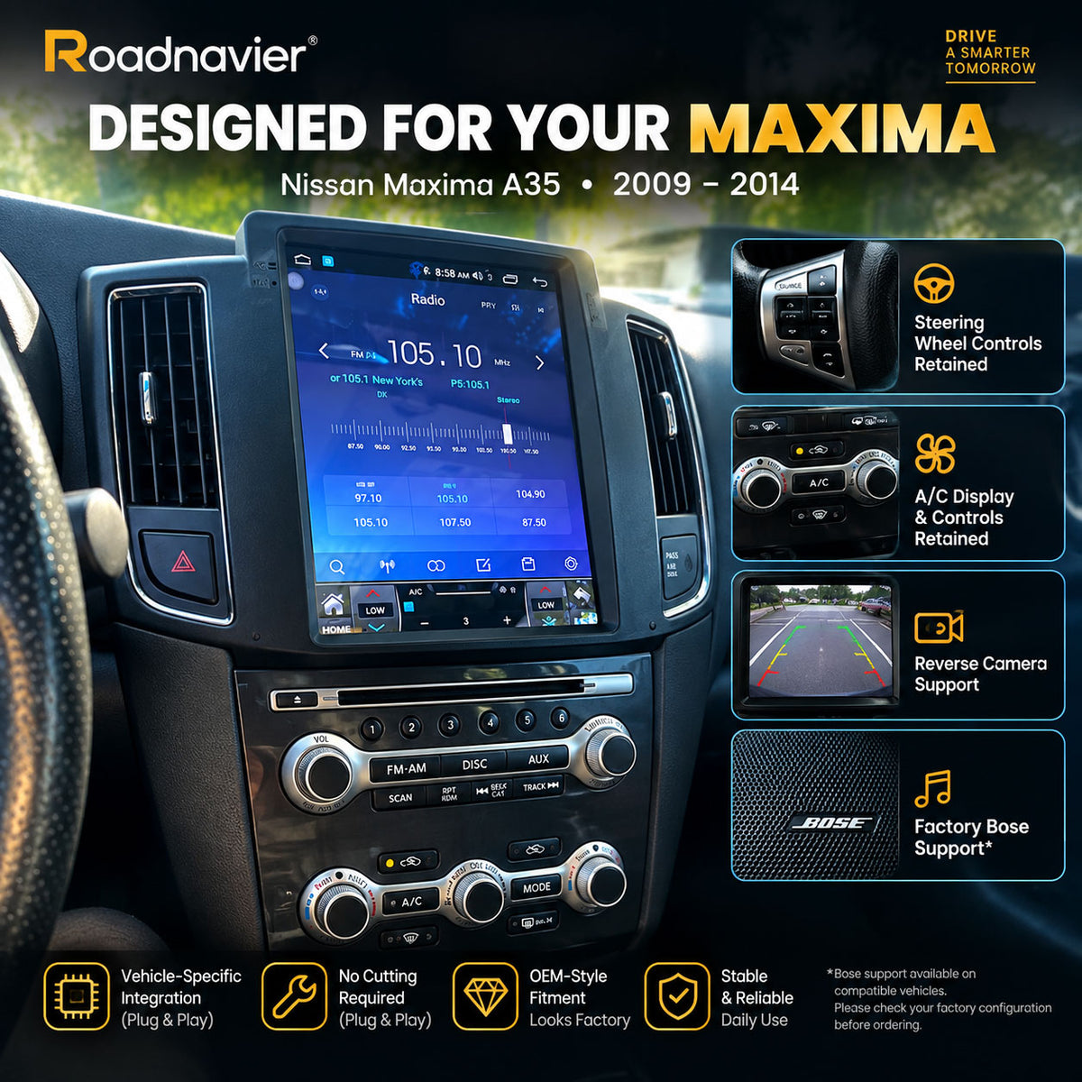Nissan Maxima A35 2009-2014 Android screen retaining factory controls with Bose support