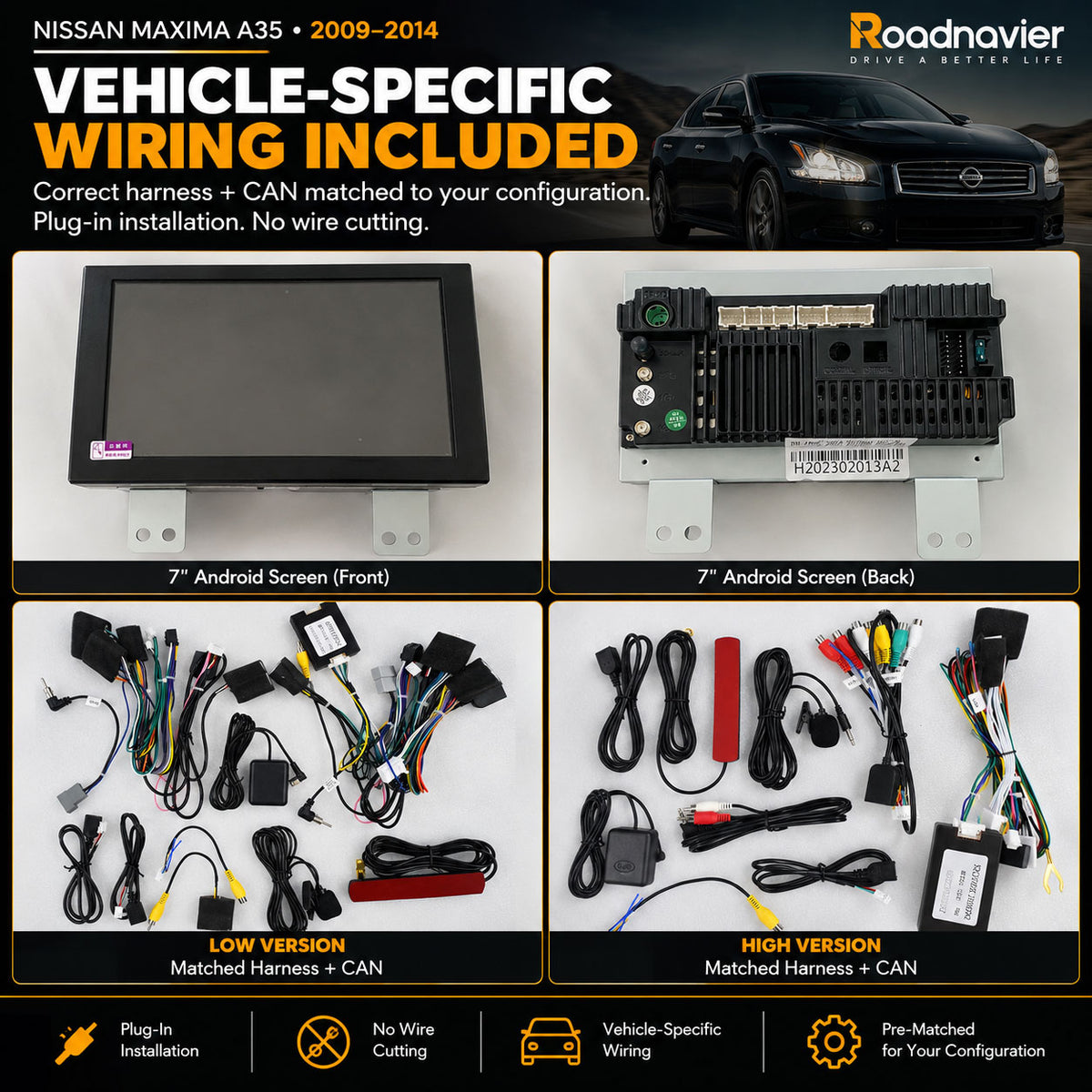 Vehicle-specific wiring harnesses for Nissan Maxima A35 2009-2014 low and high factory configurations
