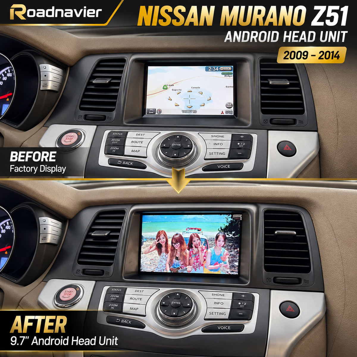 Nissan Murano Z51 factory radio vs Android head unit before and after upgrade