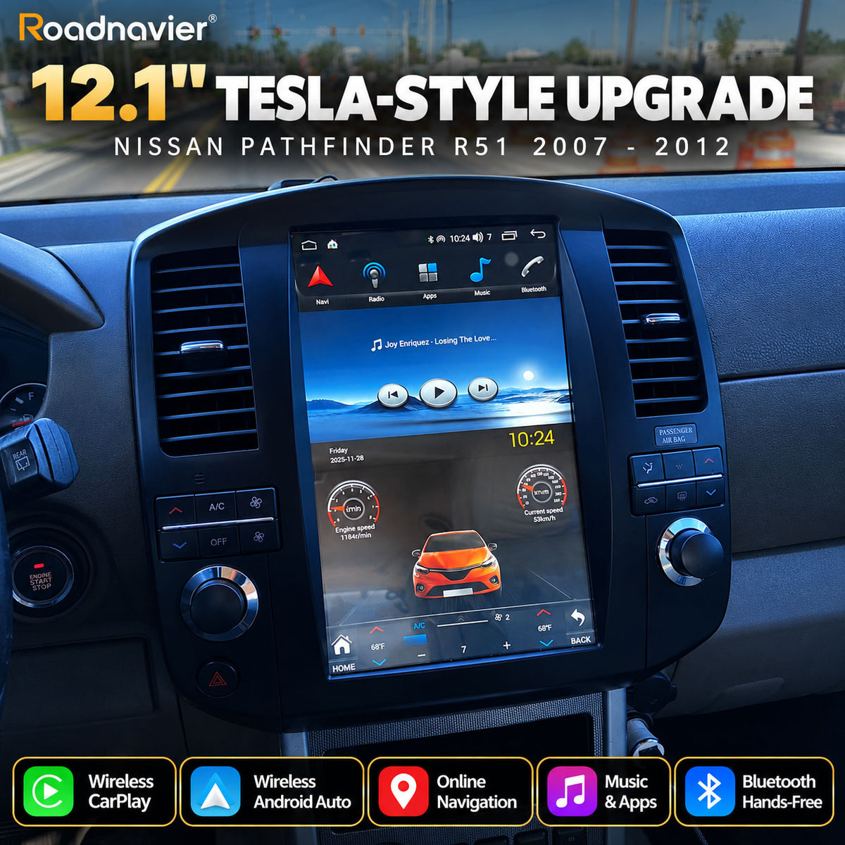 Nissan Pathfinder R51 2007-2012 12.1 inch Tesla-style Android screen with wireless CarPlay and Android Auto