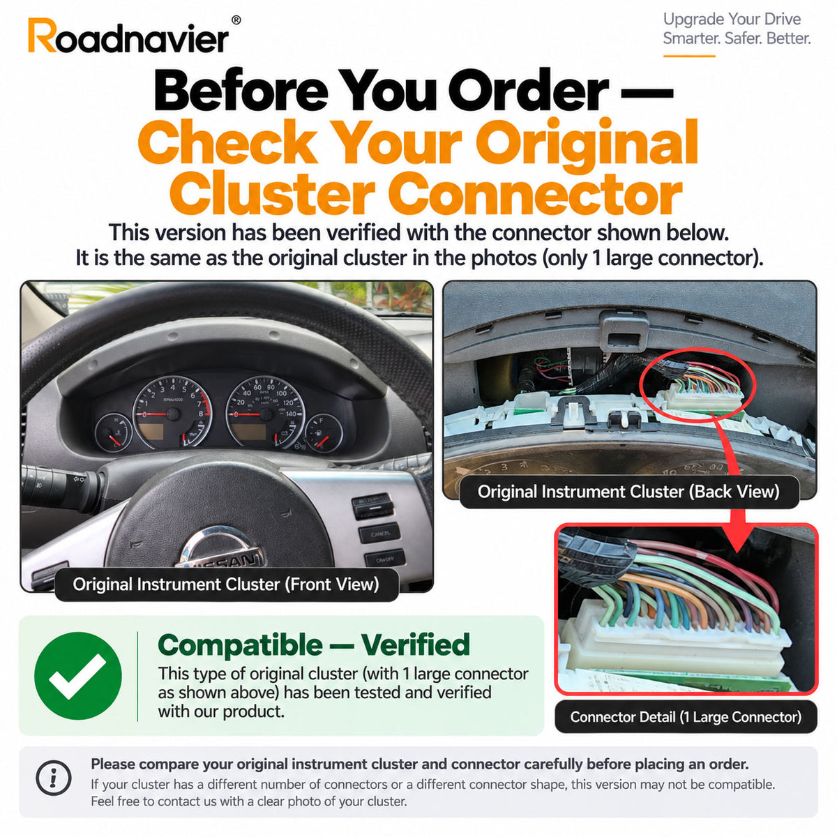 Nissan Pathfinder R51 digital instrument cluster compatibility check showing verified original cluster and single large connector