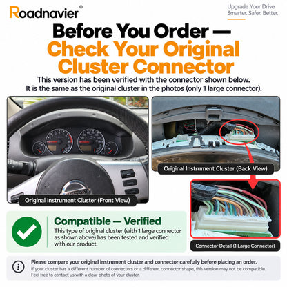 Nissan Pathfinder R51 digital instrument cluster compatibility check showing verified original cluster and single large connector