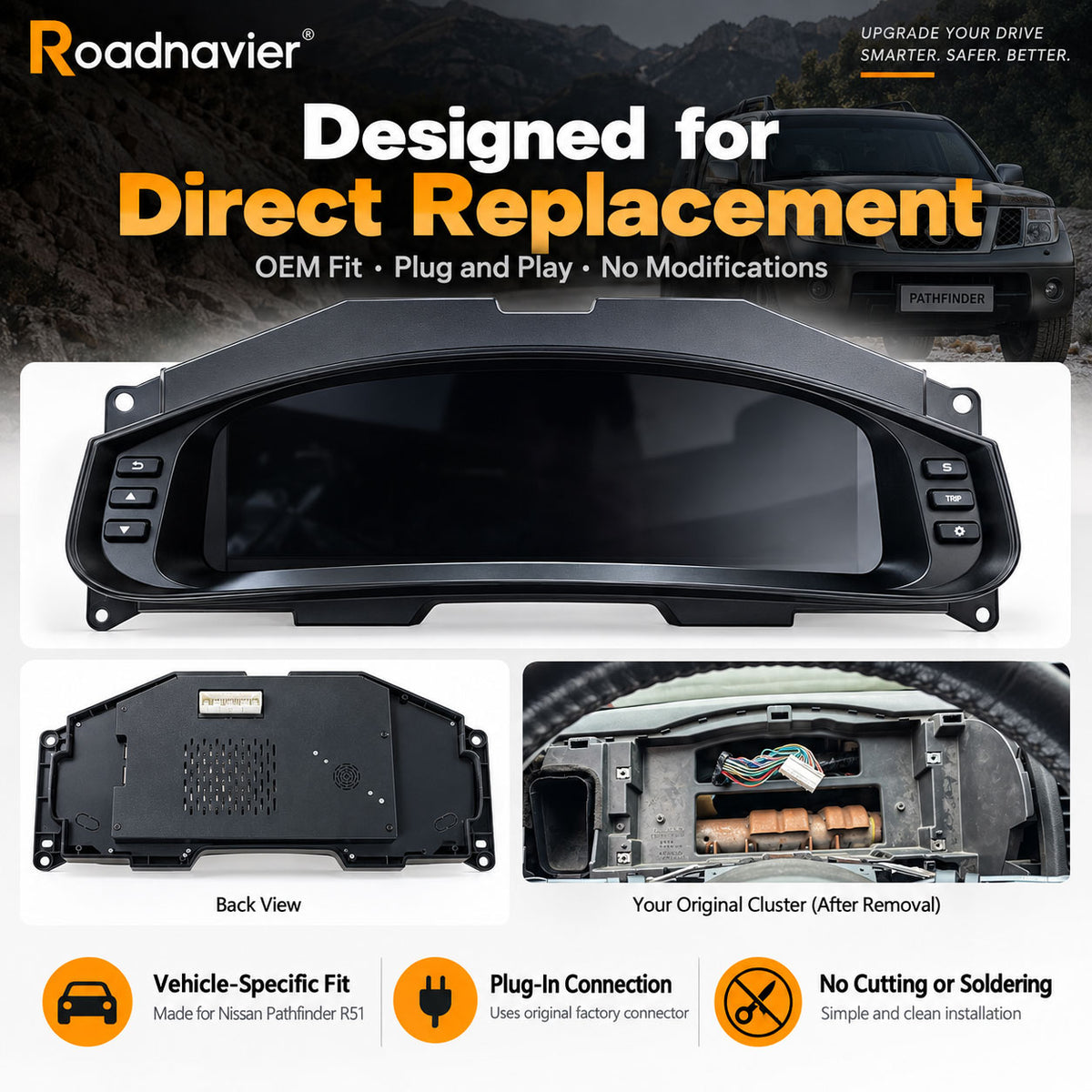 Nissan Pathfinder R51 digital instrument cluster direct replacement with plug-in factory connector and no cutting