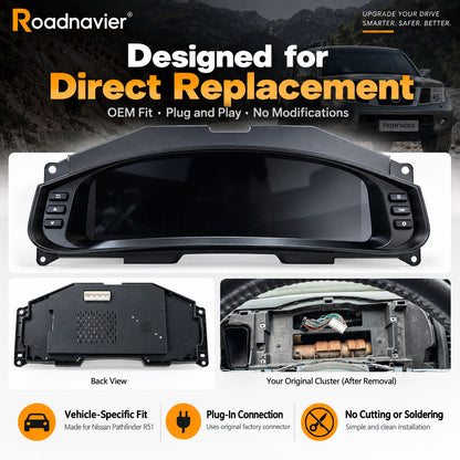 Nissan Pathfinder R51 digital instrument cluster direct replacement with plug-in factory connector and no cutting