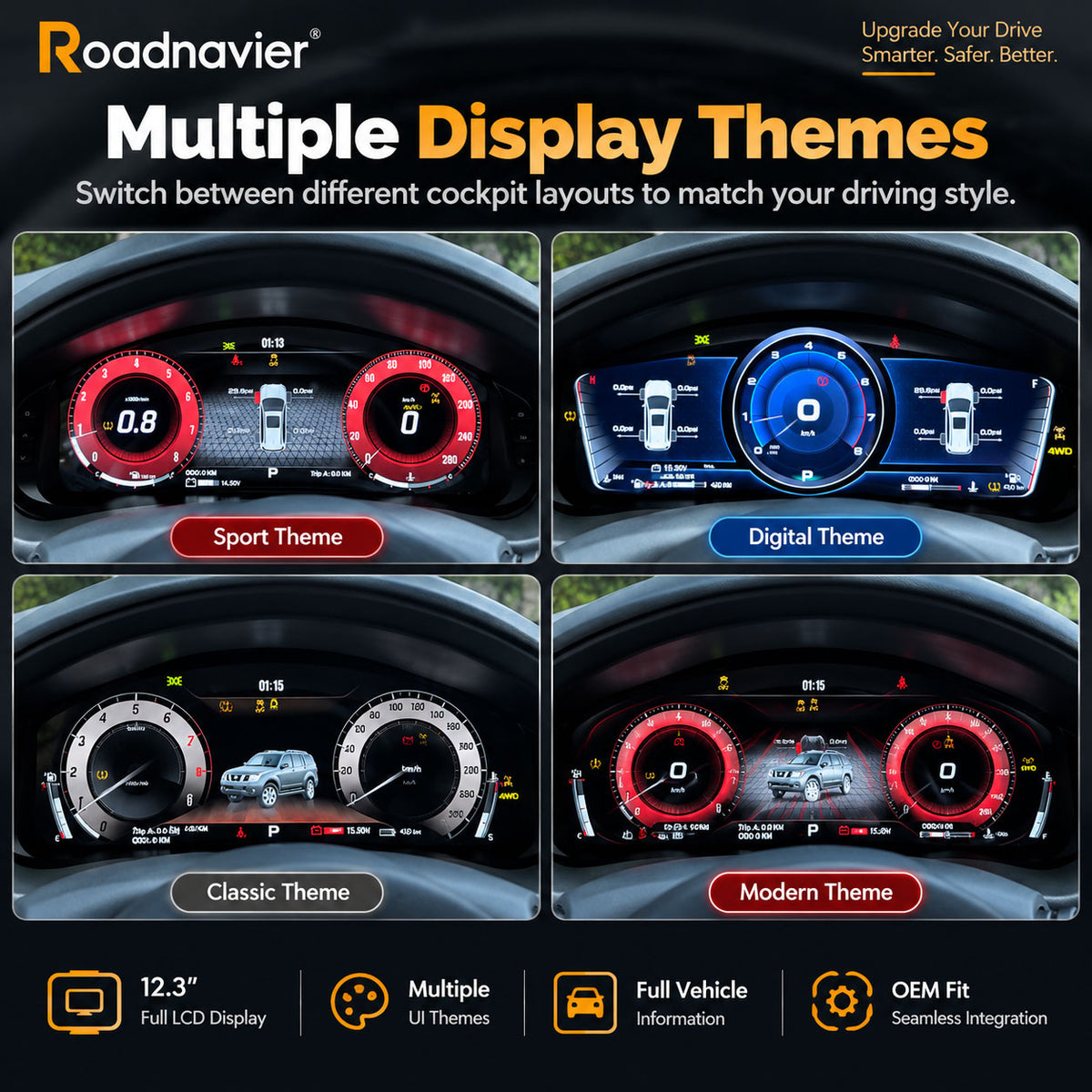Nissan Pathfinder R51 digital instrument cluster showing multiple display themes and dashboard layouts
