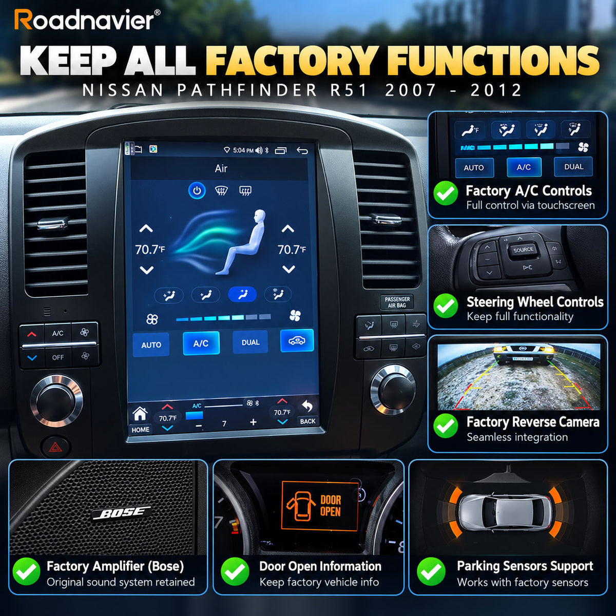 Nissan Pathfinder R51 Android screen retaining factory A/C, steering wheel controls, reverse camera, Bose amplifier and door information