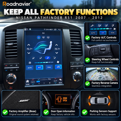 Nissan Pathfinder R51 Android screen retaining factory A/C, steering wheel controls, reverse camera, Bose amplifier and door information