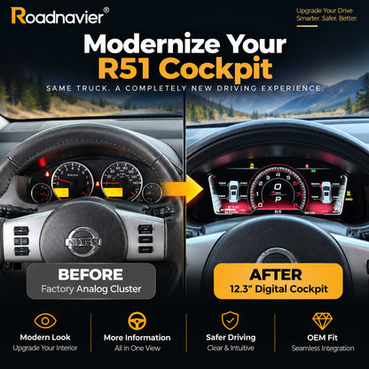 Nissan Pathfinder R51 factory analog instrument cluster before and 12.3 inch digital cluster after upgrade