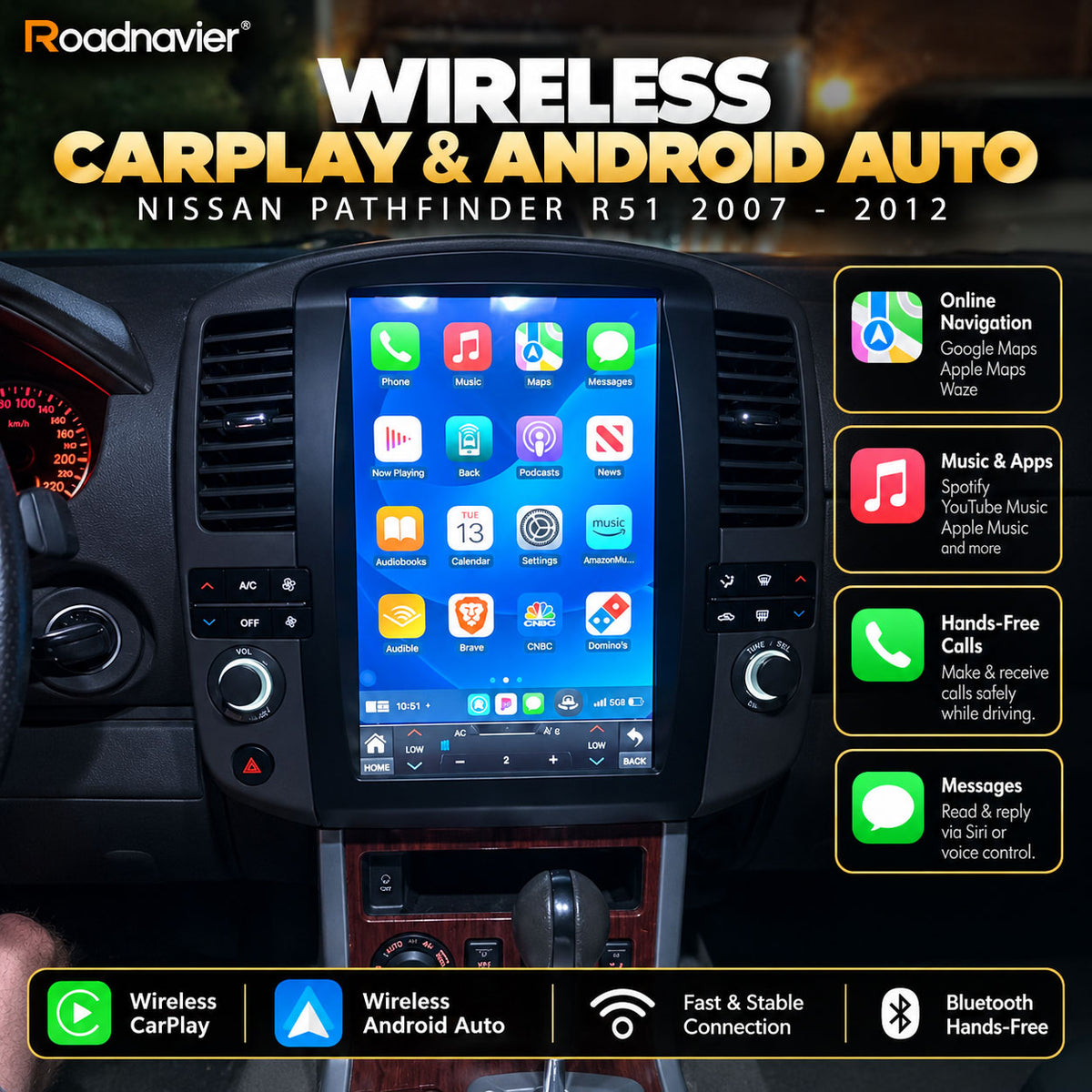 Nissan Pathfinder R51 wireless CarPlay and Android Auto with maps music calls and messages