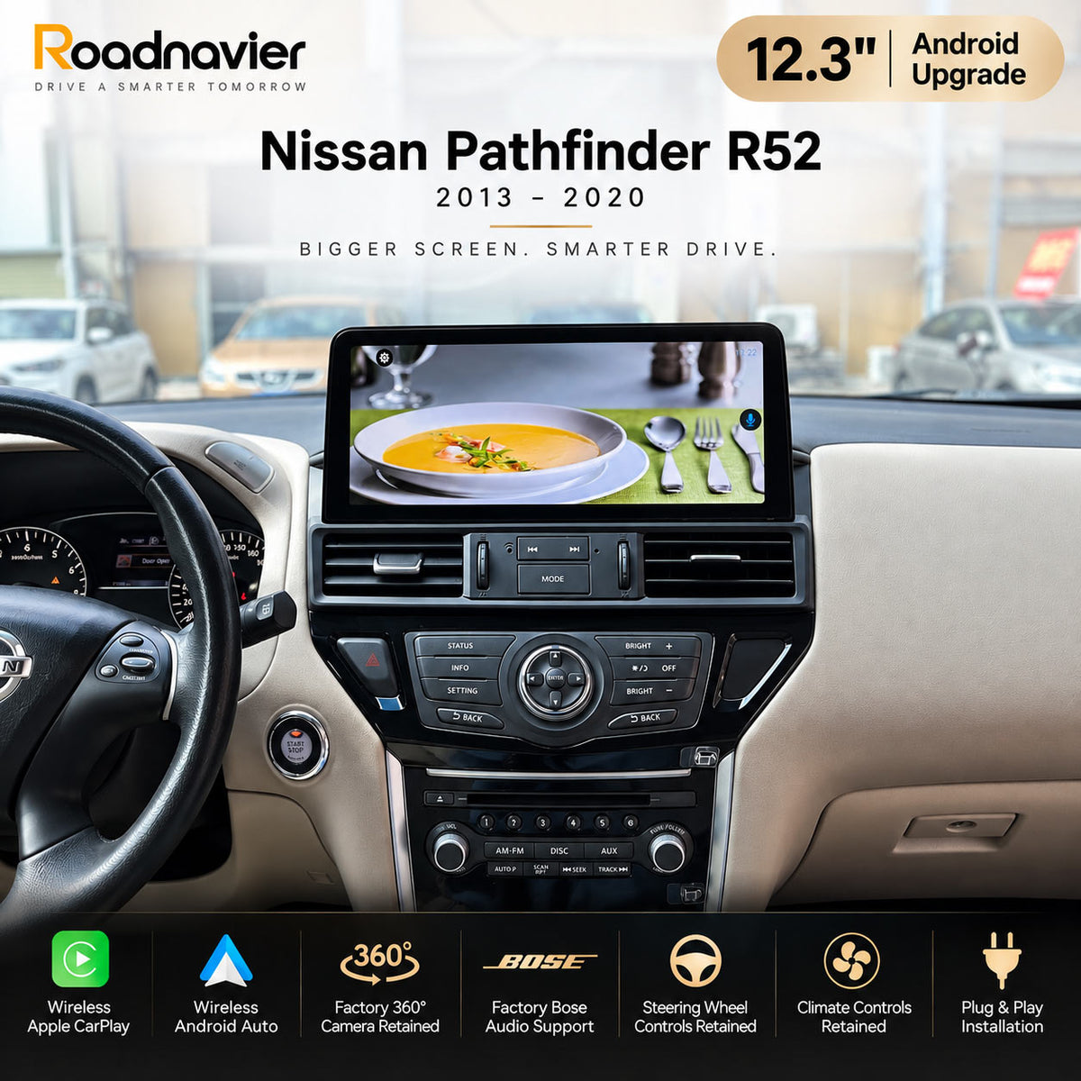 Nissan Pathfinder R52 Android multimedia screen upgrade installed in factory dashboard