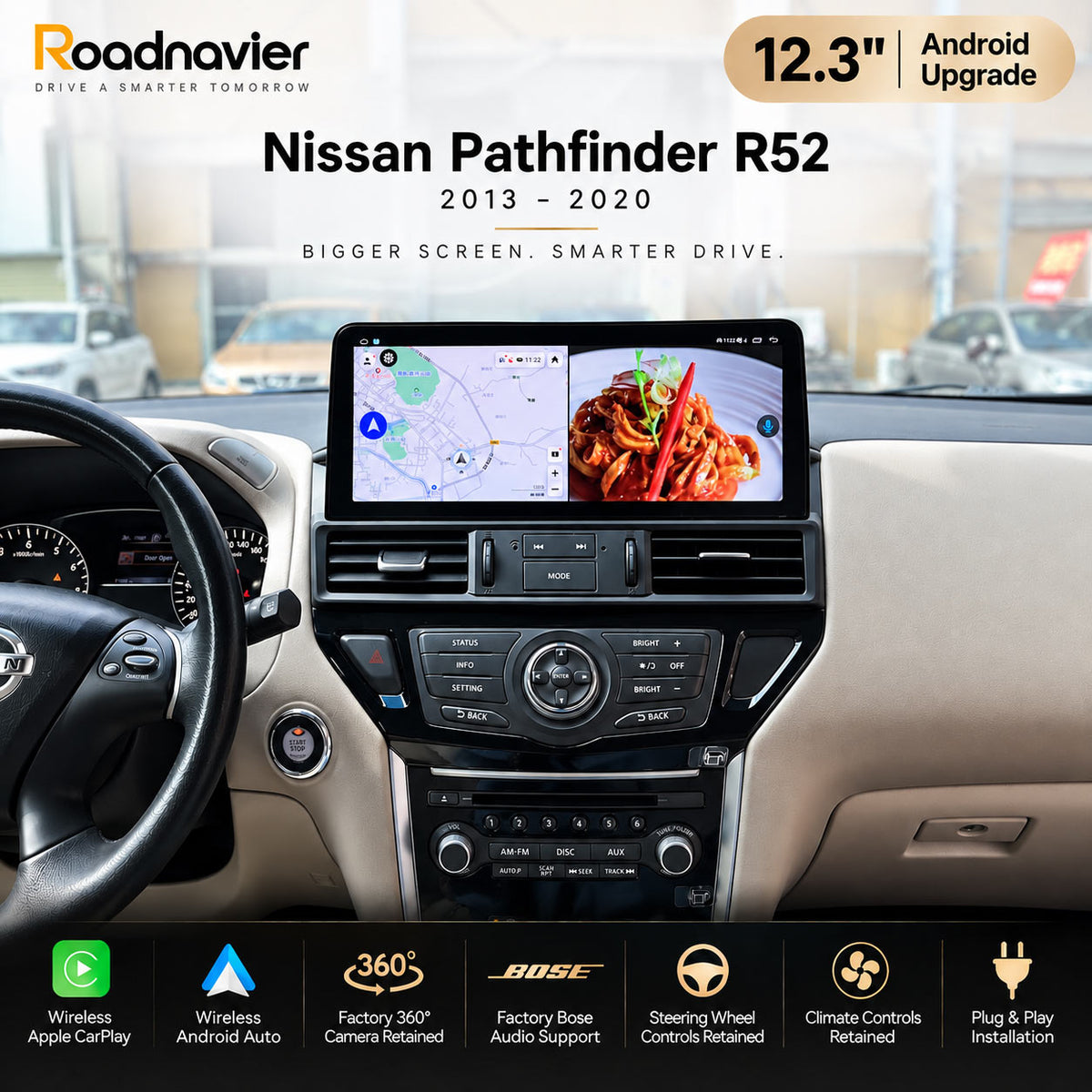 Nissan Pathfinder R52 Android screen showing split-screen navigation and media