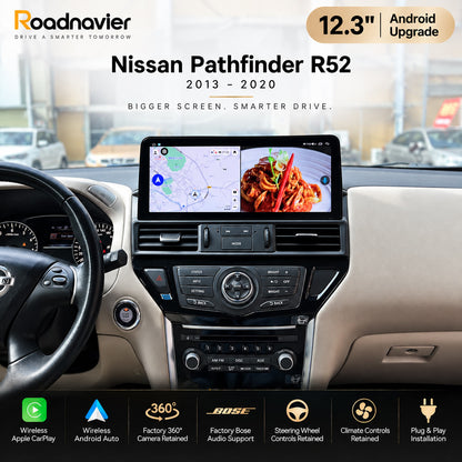 Nissan Pathfinder R52 Android screen showing split-screen navigation and media