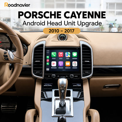 Roadnavier Android head unit installed in a 2010–2017 Porsche Cayenne, showing the upgraded touchscreen integrated into the factory dashboard.