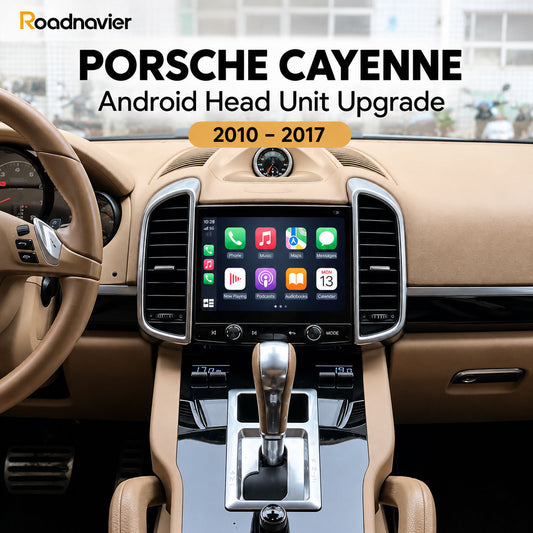 Roadnavier Android head unit installed in a 2010–2017 Porsche Cayenne, showing the upgraded touchscreen integrated into the factory dashboard.
