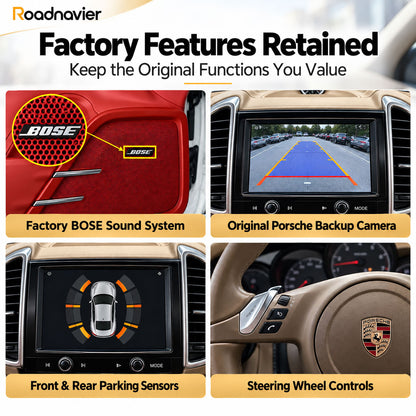 Roadnavier Porsche Cayenne Android head unit upgrade retaining factory BOSE audio, original backup camera, parking sensors and steering wheel controls.