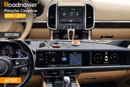 Porsche Cayenne 2010-2017 factory screen vs Roadnavier Android dual screen upgrade before and after