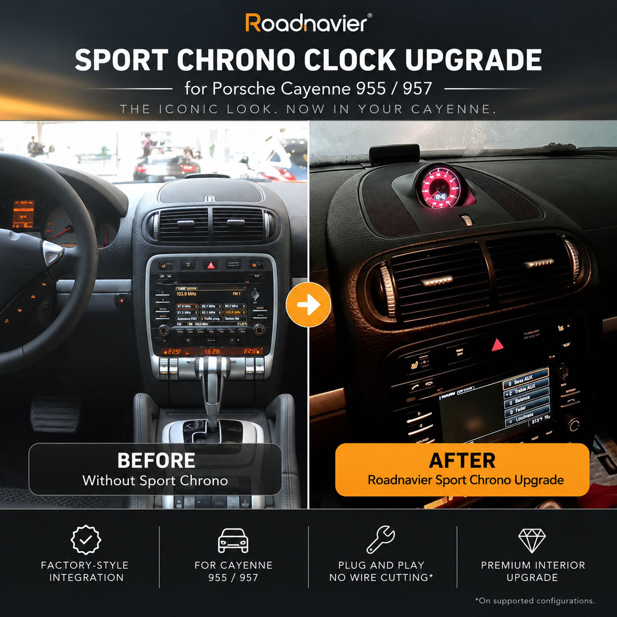 Porsche Cayenne 955 957 dashboard before and after Sport Chrono clock upgrade