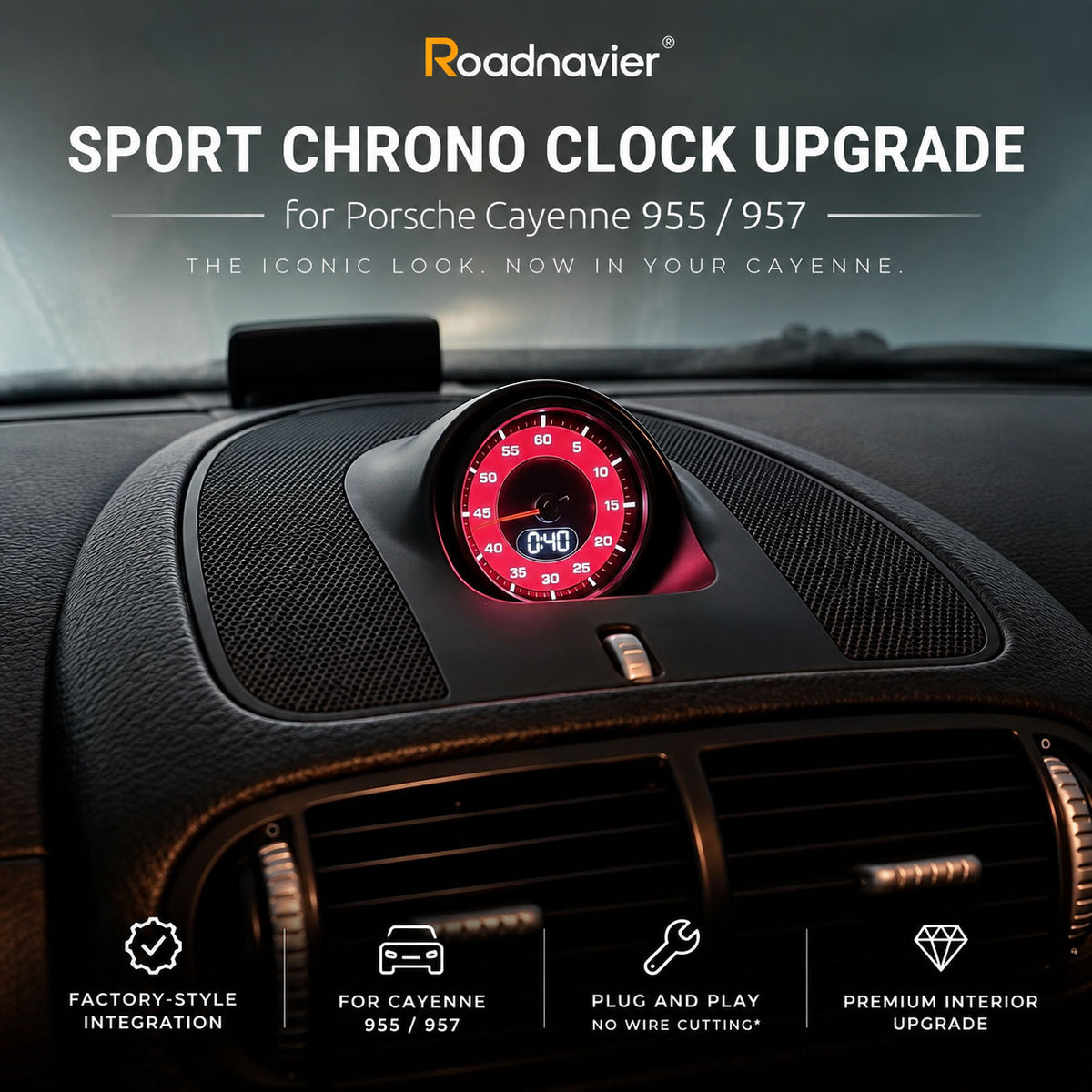Porsche Cayenne 955 957 Sport Chrono clock upgrade installed on dashboard