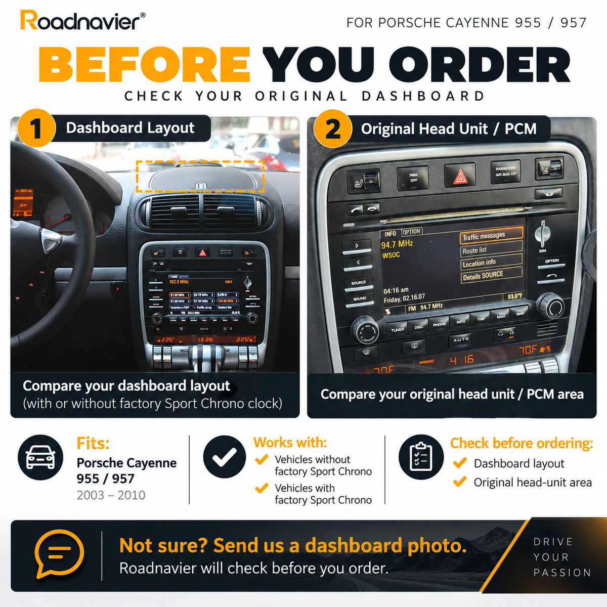 Porsche Cayenne 955 957 Sport Chrono compatibility check for dashboard layout and original PCM head unit