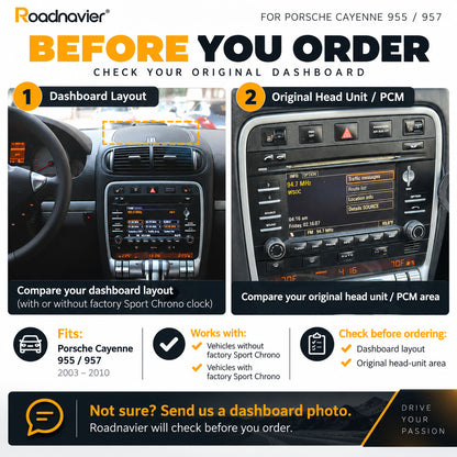 Porsche Cayenne 955 957 Sport Chrono compatibility check for dashboard layout and original PCM head unit