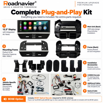 Complete Porsche Cayenne 958 12.3 inch Android head unit kit with vehicle-specific harness CANBUS decoder and BOSE MOST decoder option
