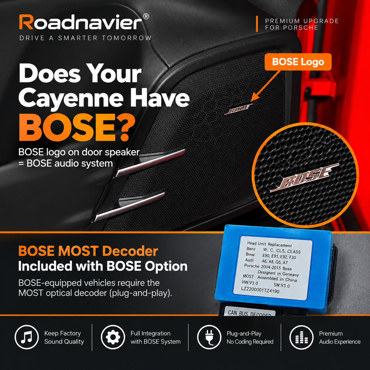 Porsche Cayenne 958 factory BOSE audio identification with MOST optical decoder for Android head unit upgrade