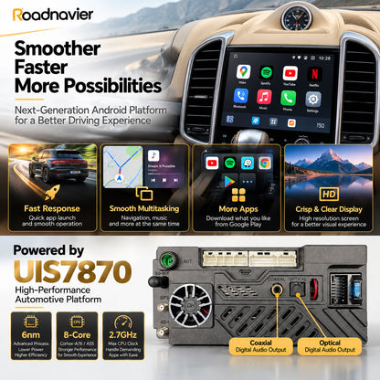 Roadnavier Porsche Cayenne Android head unit powered by UIS7870 for responsive operation and smooth multitasking, featuring coaxial and optical digital audio outputs.