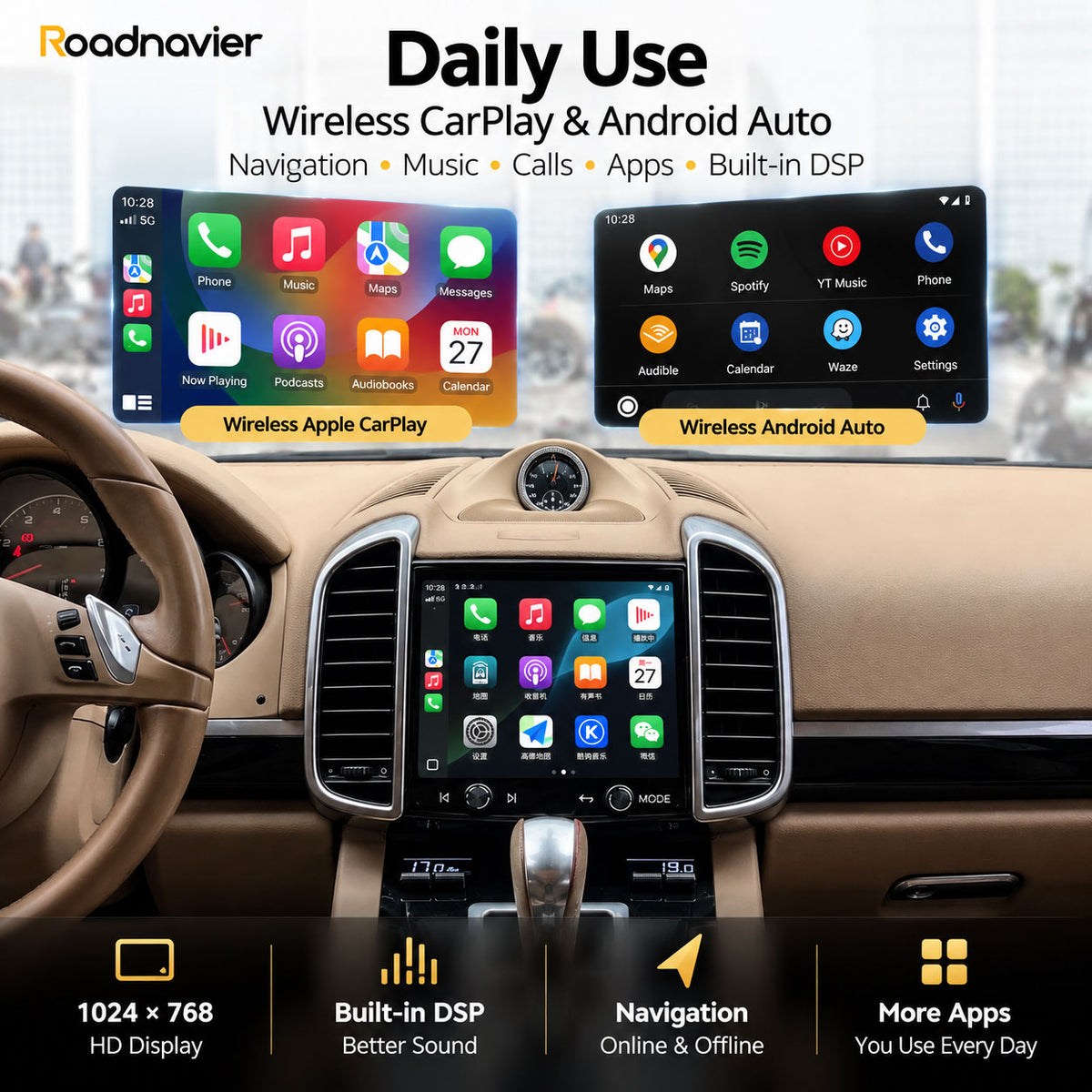 Porsche Cayenne Android head unit supporting wireless Apple CarPlay and Android Auto for navigation, music, calls and everyday apps.