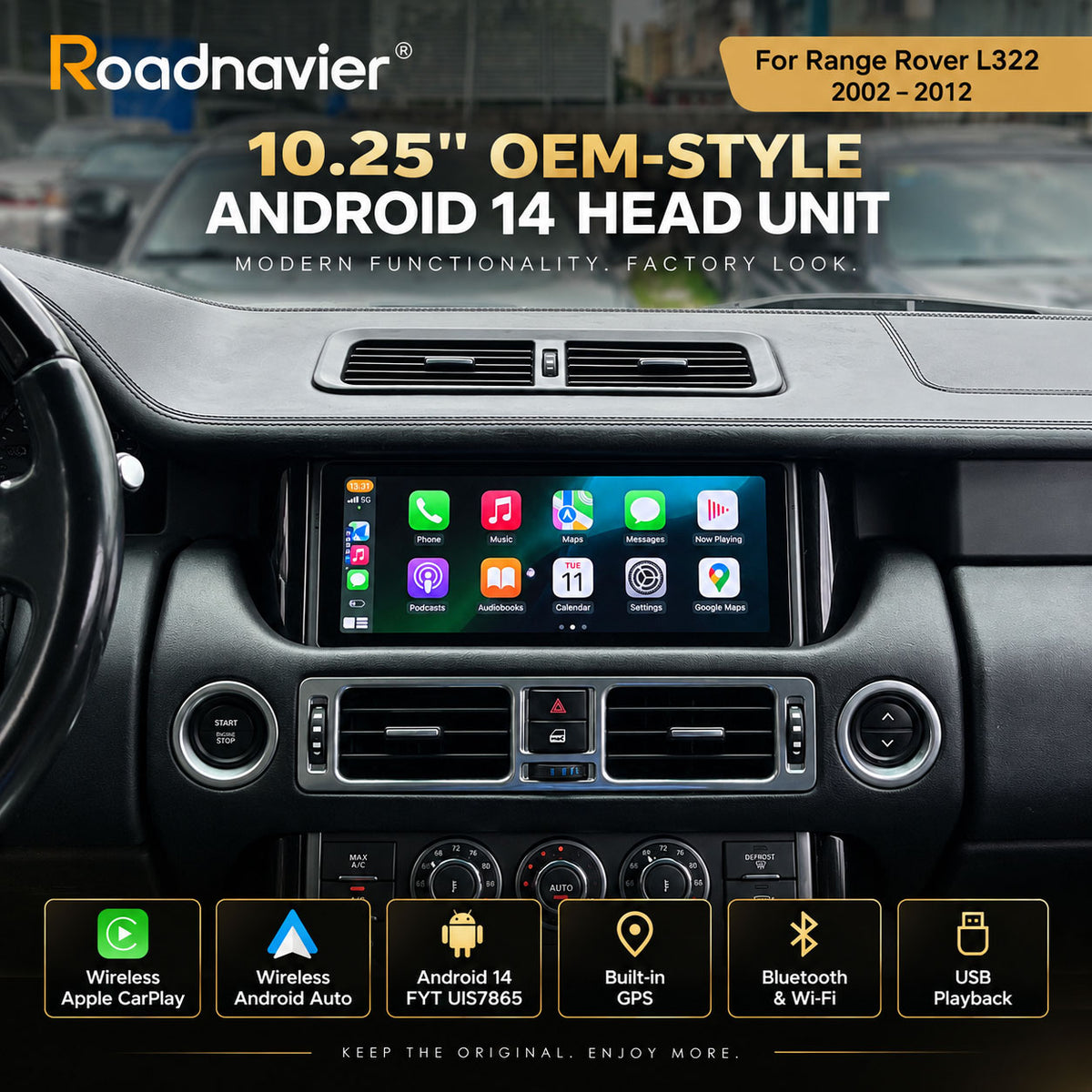Range Rover L322 2002-2012 10.25 inch Android 14 head unit with wireless Apple CarPlay