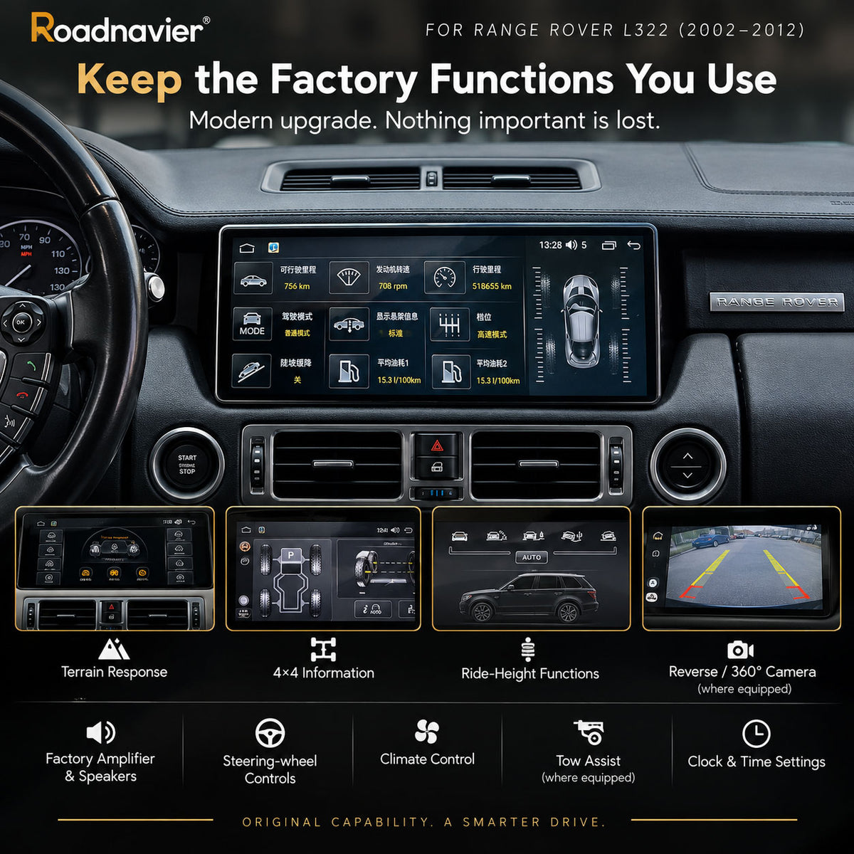 Range Rover L322 Android screen with OEM 4x4 information vehicle settings and reverse camera integration