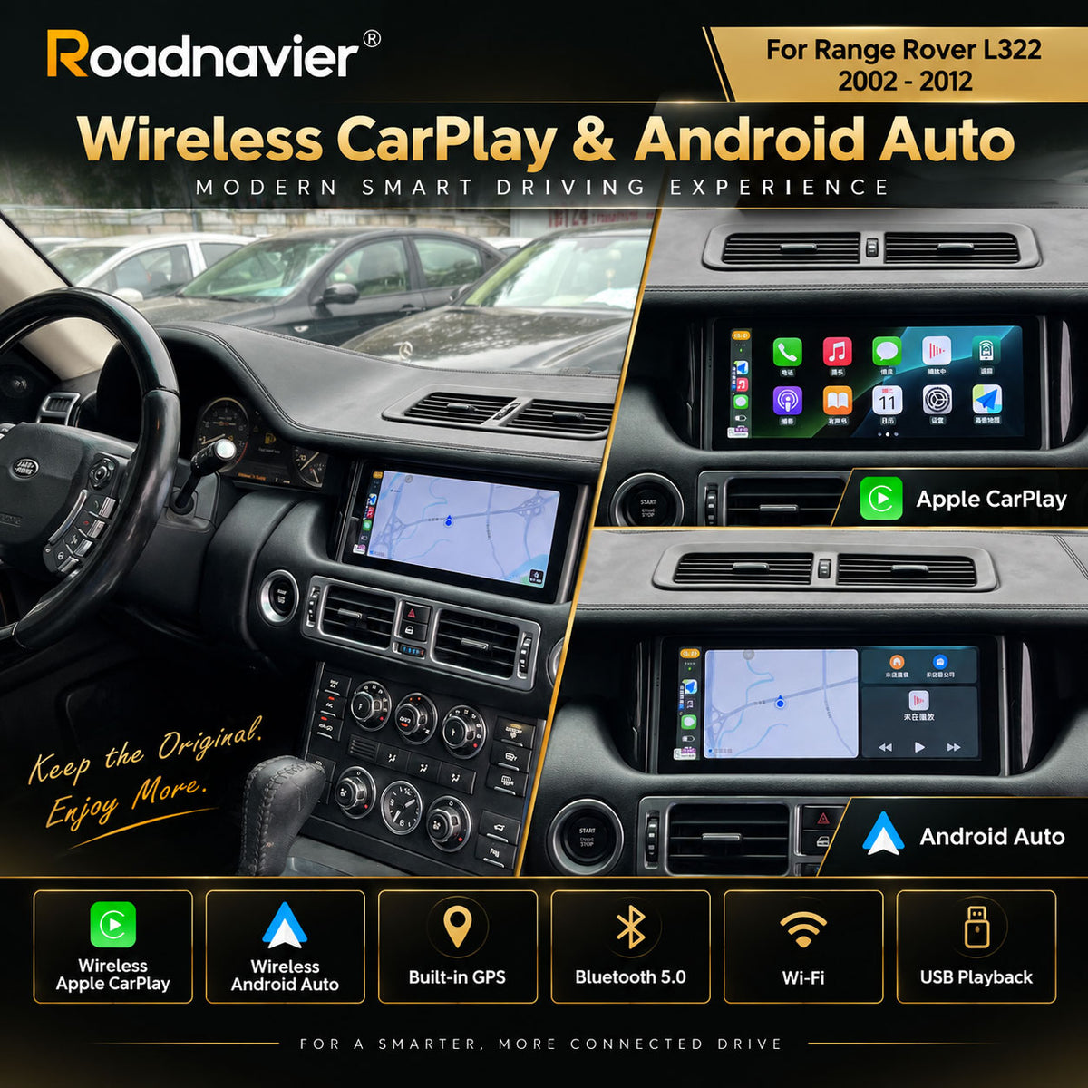 Range Rover L322 Android head unit with wireless Apple CarPlay Android Auto and GPS navigation