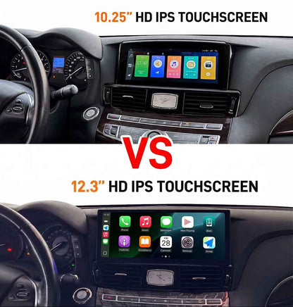 Roadnavier side by side comparison of 10.25 inch OEM flush fit versus 12.3 inch ultra wide HD IPS Android CarPlay screen installed in Infiniti Q70 and M37 dashboard