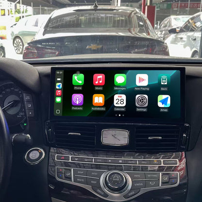 Roadnavier 12.3-inch ultra-wide Android head unit running wireless Apple CarPlay installed in Infiniti Q70 and M37 interior