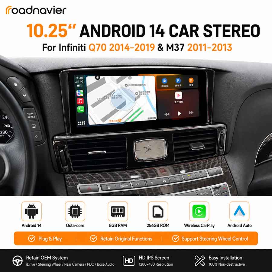 Roadnavier 10.25 inch Android 14 car stereo head unit for Infiniti Q70 2014-2019 and M37 2011-2013 with wireless CarPlay and OEM system retention