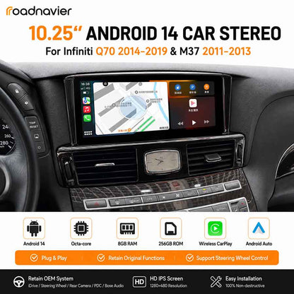 Roadnavier 10.25 inch Android 14 car stereo head unit for Infiniti Q70 2014-2019 and M37 2011-2013 with wireless CarPlay and OEM system retention
