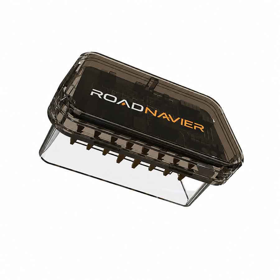 Roadnavier P04 mini dual Bluetooth OBD2 diagnostic scanner in smoked transparent brown housing with gold-plated 16-pin connector
