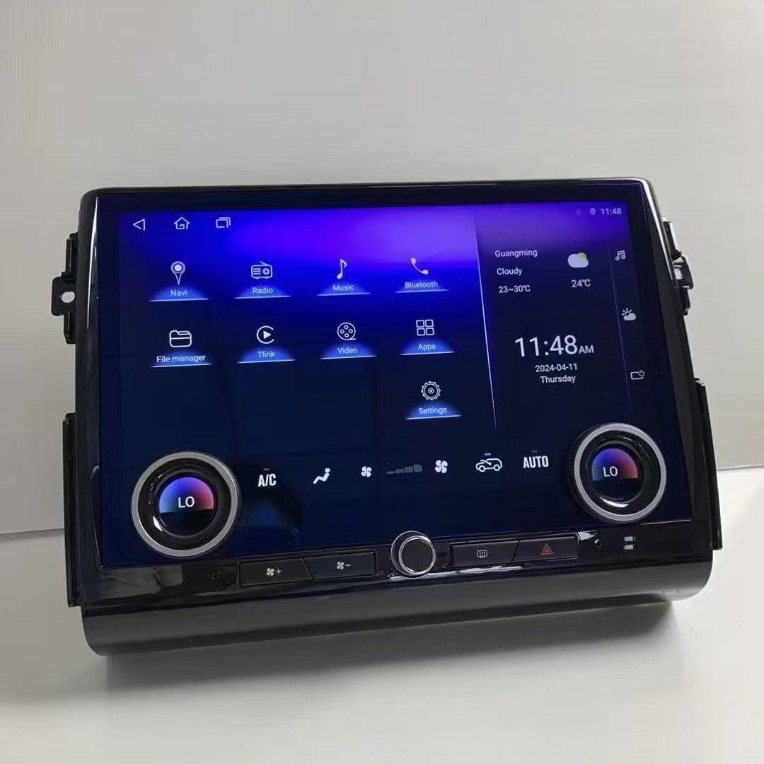 13.3 inch Android head unit upgrade for Toyota FJ Cruiser, displaying the main menu and physical knobs