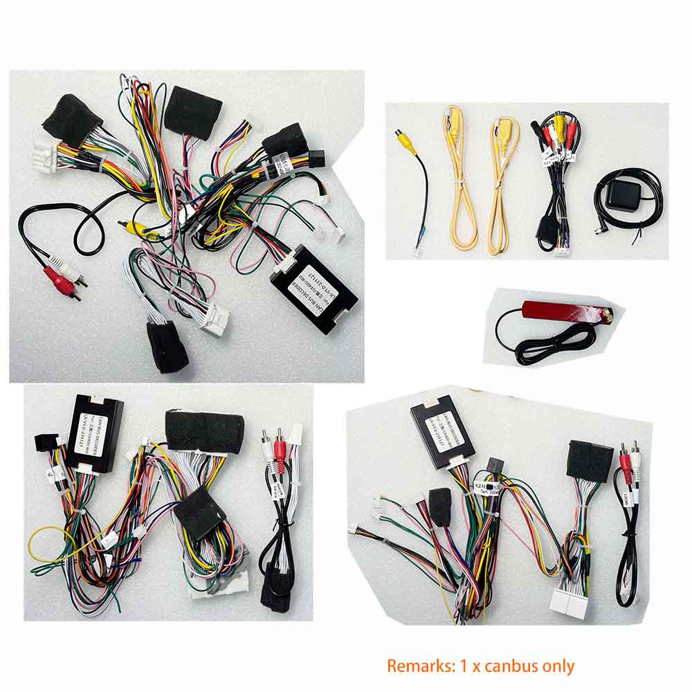 Toyota Land Cruiser LC200 2007-2020 complete plug-and-play wiring harness kit with 3 harness options, CANbus decoder, and GPS antenna for 17.1-inch Android screen upgrade