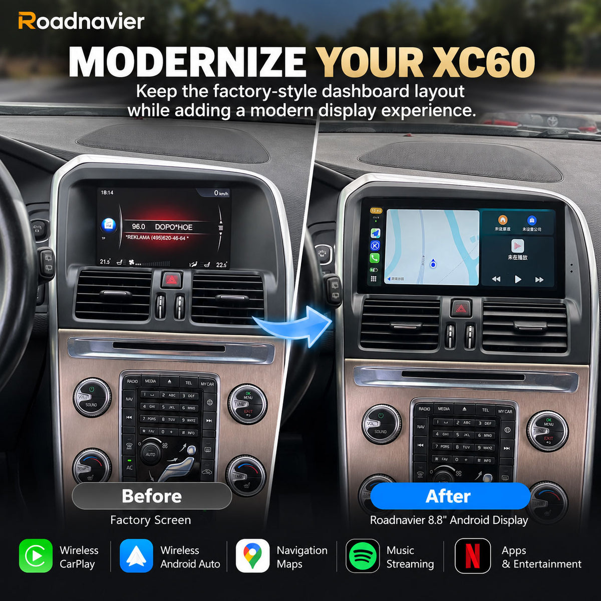 Volvo XC60 2009-2017 factory screen before and after Roadnavier Android display upgrade