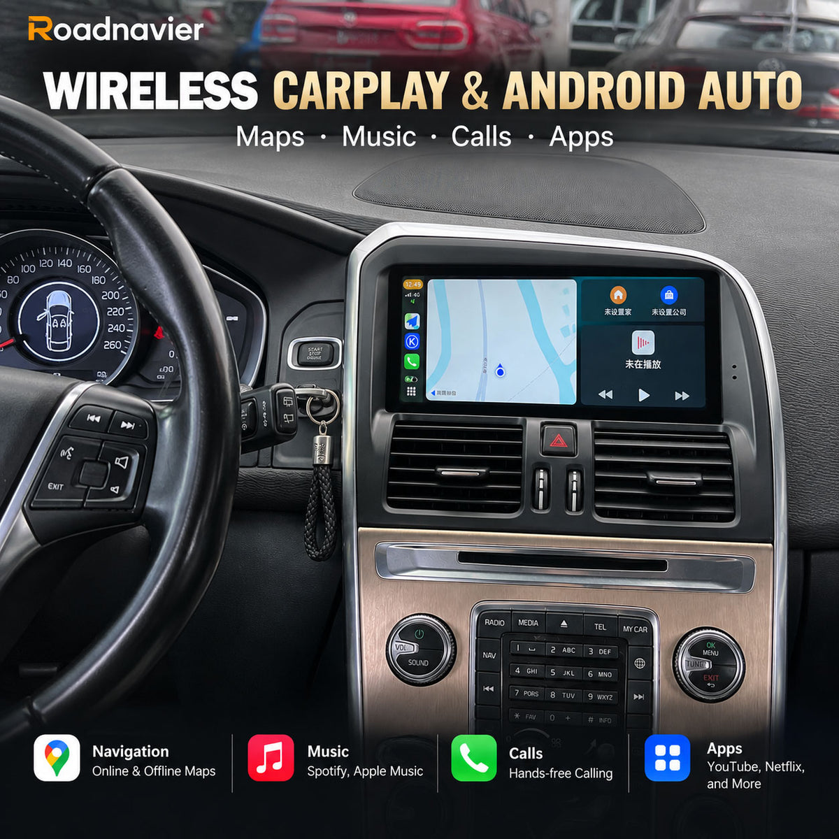 Volvo XC60 2009-2017 wireless CarPlay and Android Auto screen upgrade for maps music calls and apps