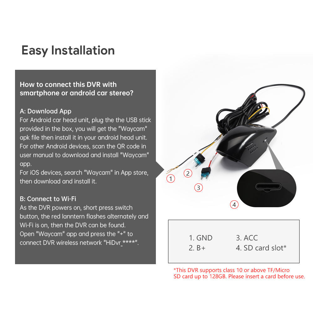 Step-by-step easy installation and mobile app Wi-Fi pairing guide for Android and iOS car DVR